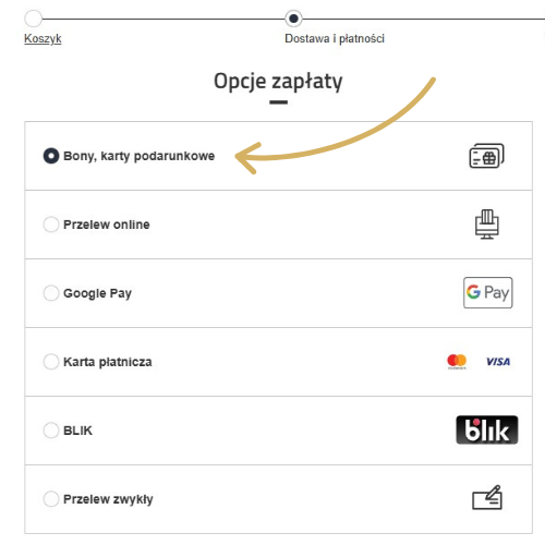 W momencie wyboru metody płatności, wybierz opcję „Bony, karty podarunkowe”.